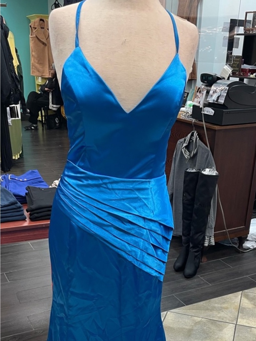 Blue Satin Spaghetti-Strap Dress
